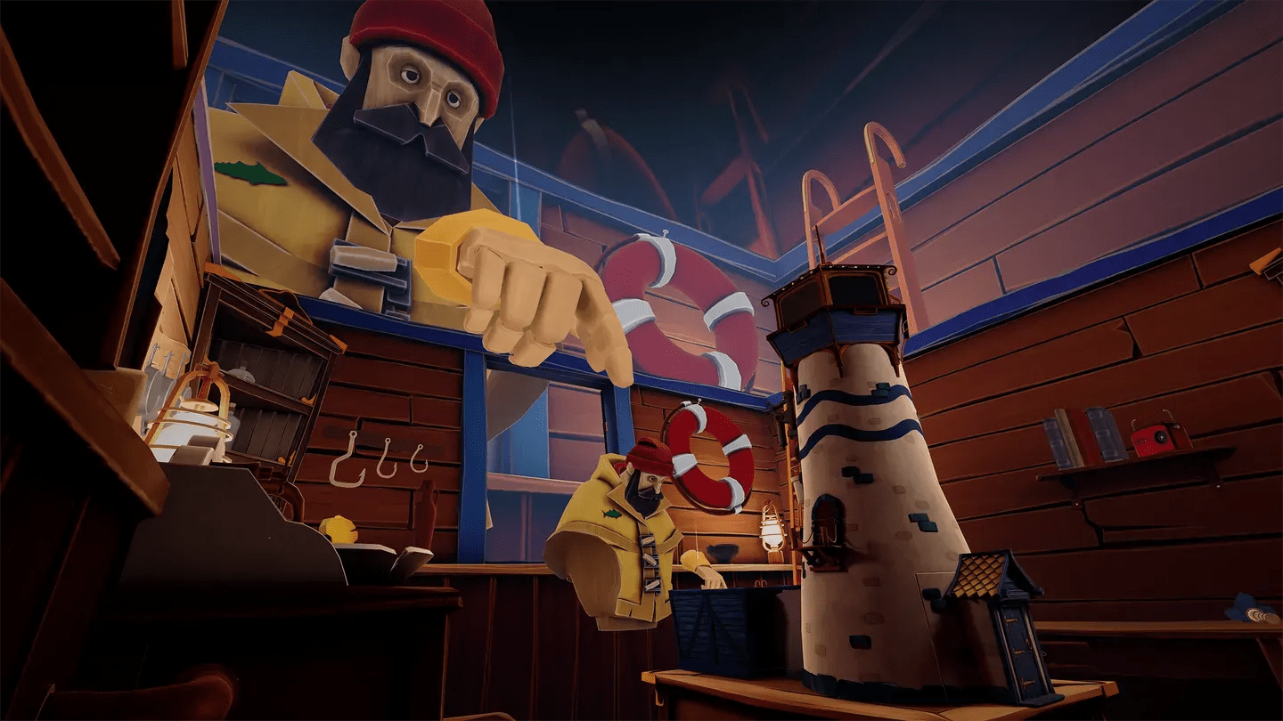 A Fisherman's Tale Meta Quest giant hand reaching into a miniature lighthouse puzzle