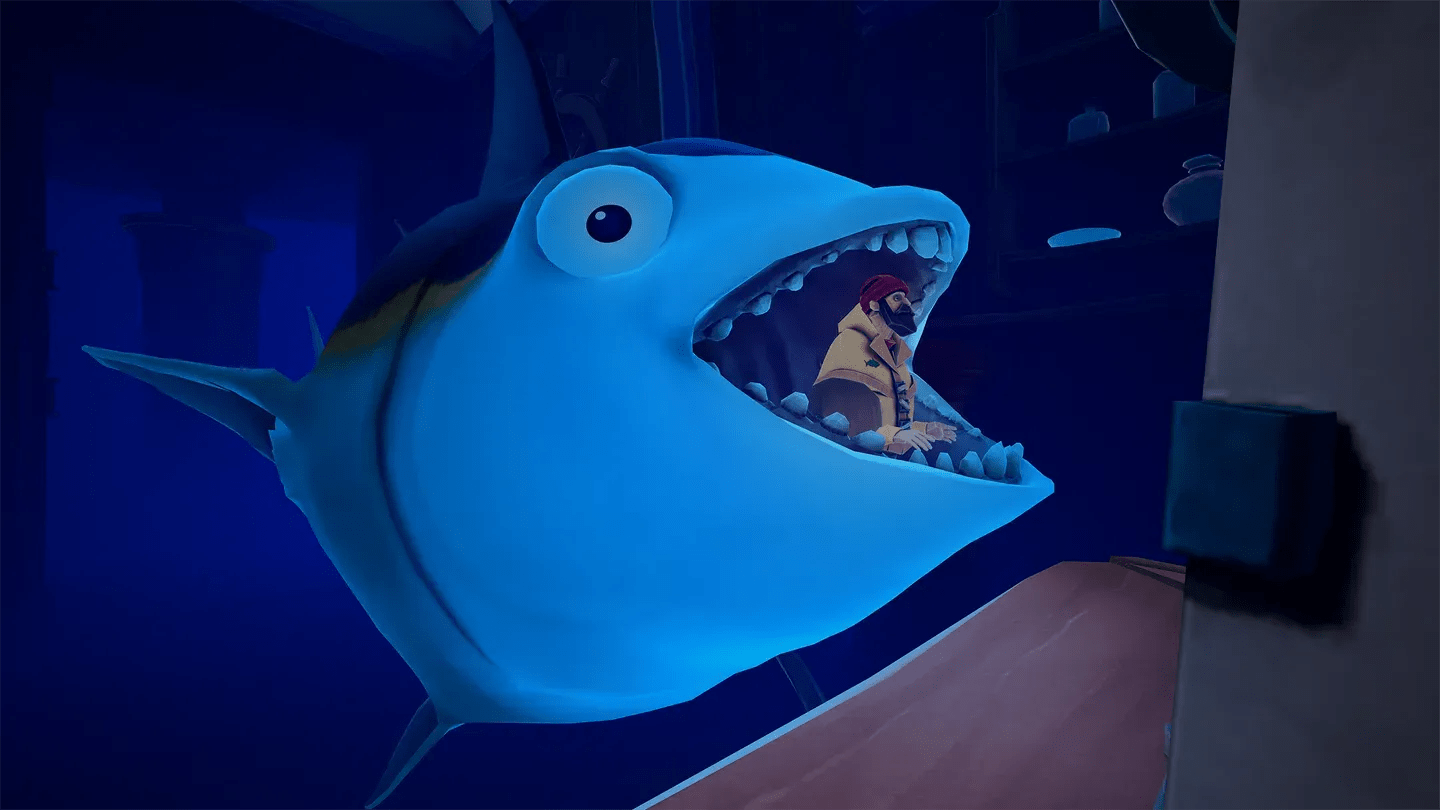 A Fisherman's Tale Meta Quest blue shark character inside a surreal puzzle scene