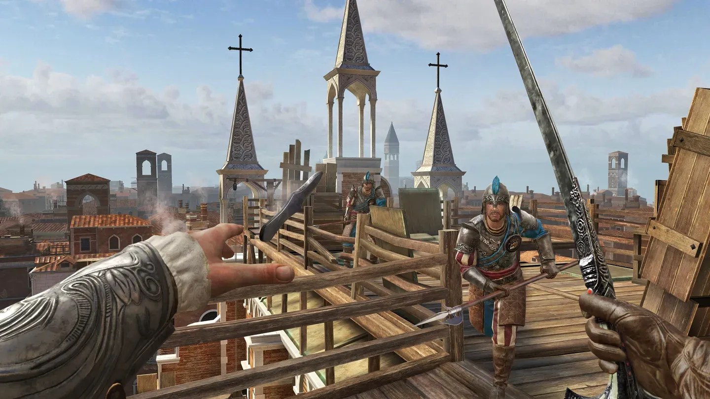 Assassin's Creed Nexus VR rooftop traversal scene in a historical city