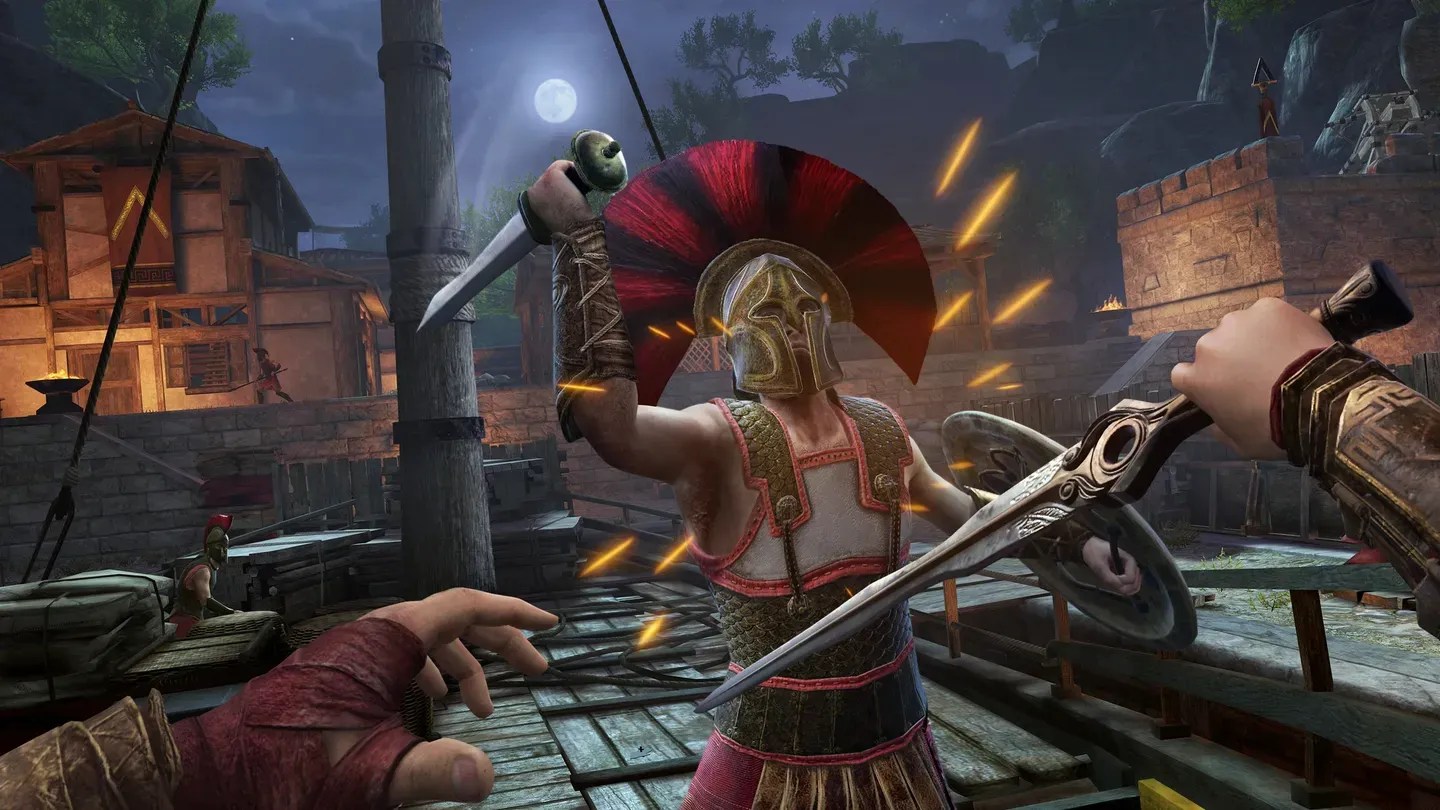 Assassin's Creed Nexus VR first-person combat scene with weapons drawn
