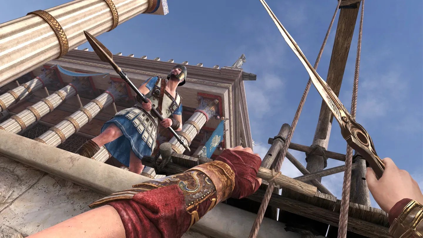 Assassin's Creed Nexus VR first-person parkour scene with hands reaching across a ship