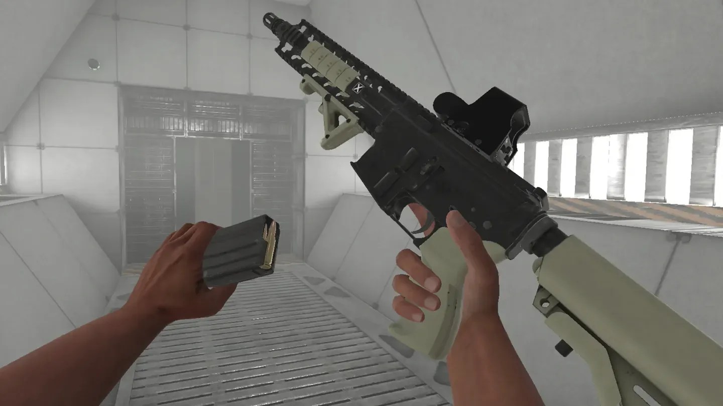 BONELAB Meta Quest firearm handling in a white test chamber