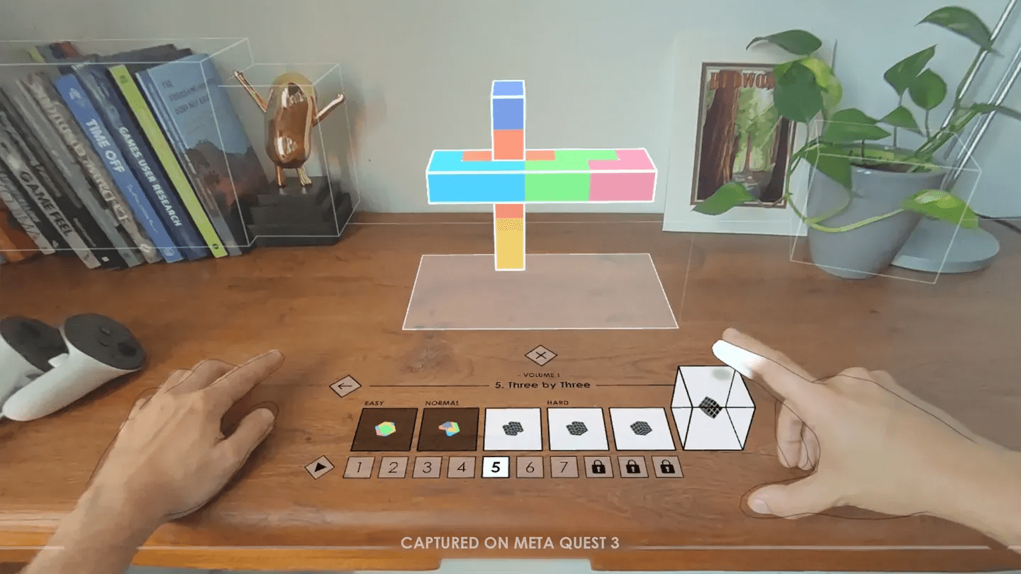 Cubism Meta Quest controller interface showing puzzle tools and colorful 3D shape
