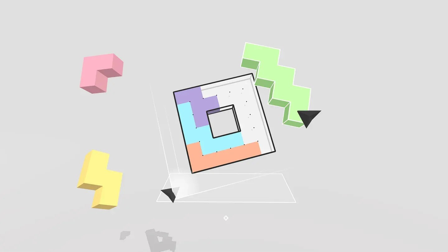 Cubism Meta Quest minimalist spatial puzzle with pastel blocks and target frame