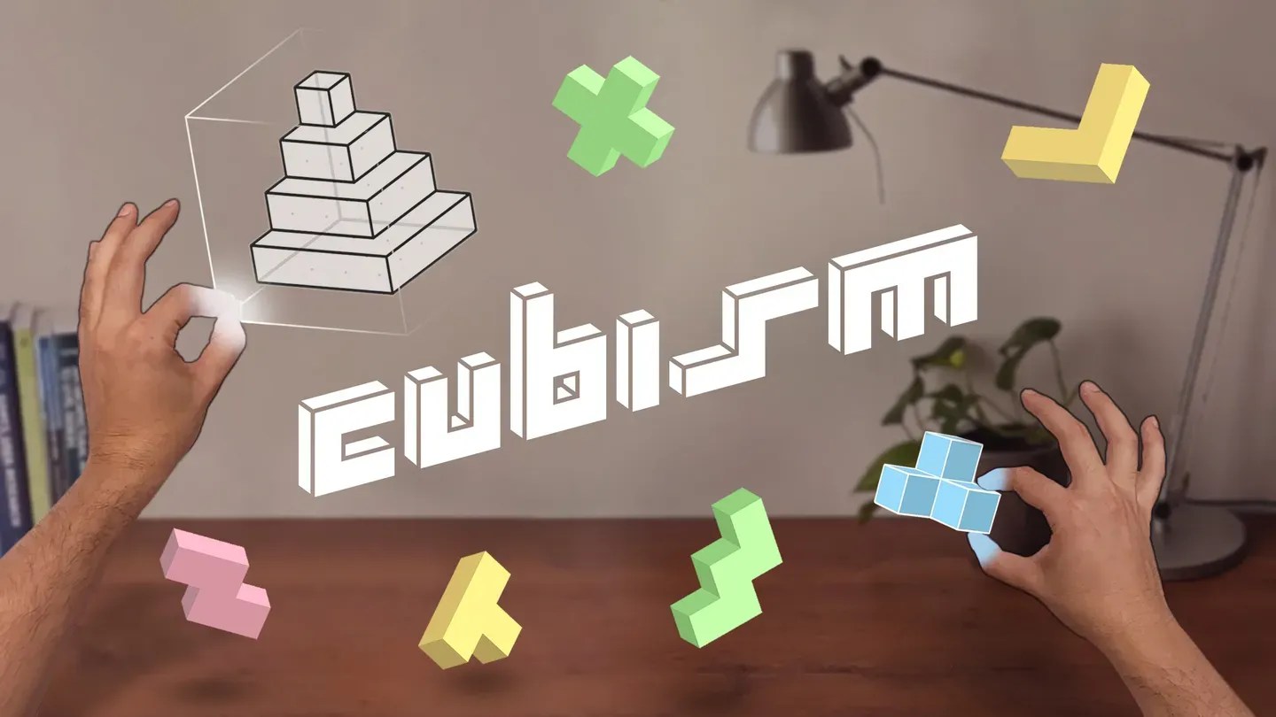 Cubism Meta Quest mixed reality tabletop puzzle with colorful blocks and hands