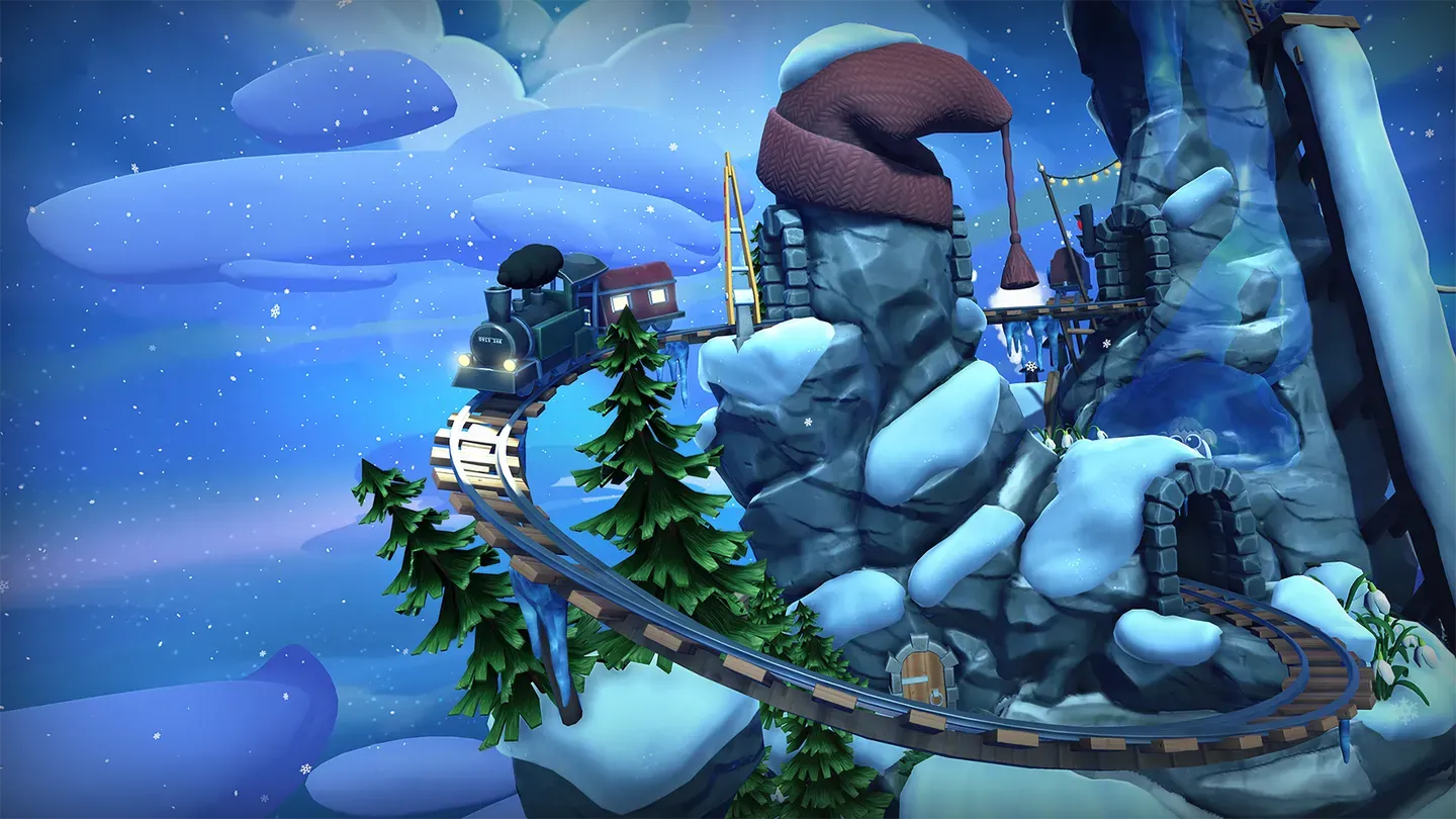 The Curious Tale of the Stolen Pets Meta Quest snowy miniature world with rocks and hidden pets