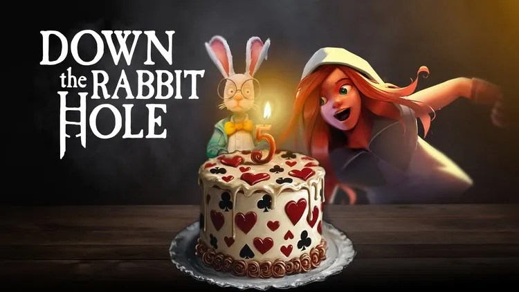 Down the Rabbit Hole Meta Quest Alice-style character and rabbit tea party key art