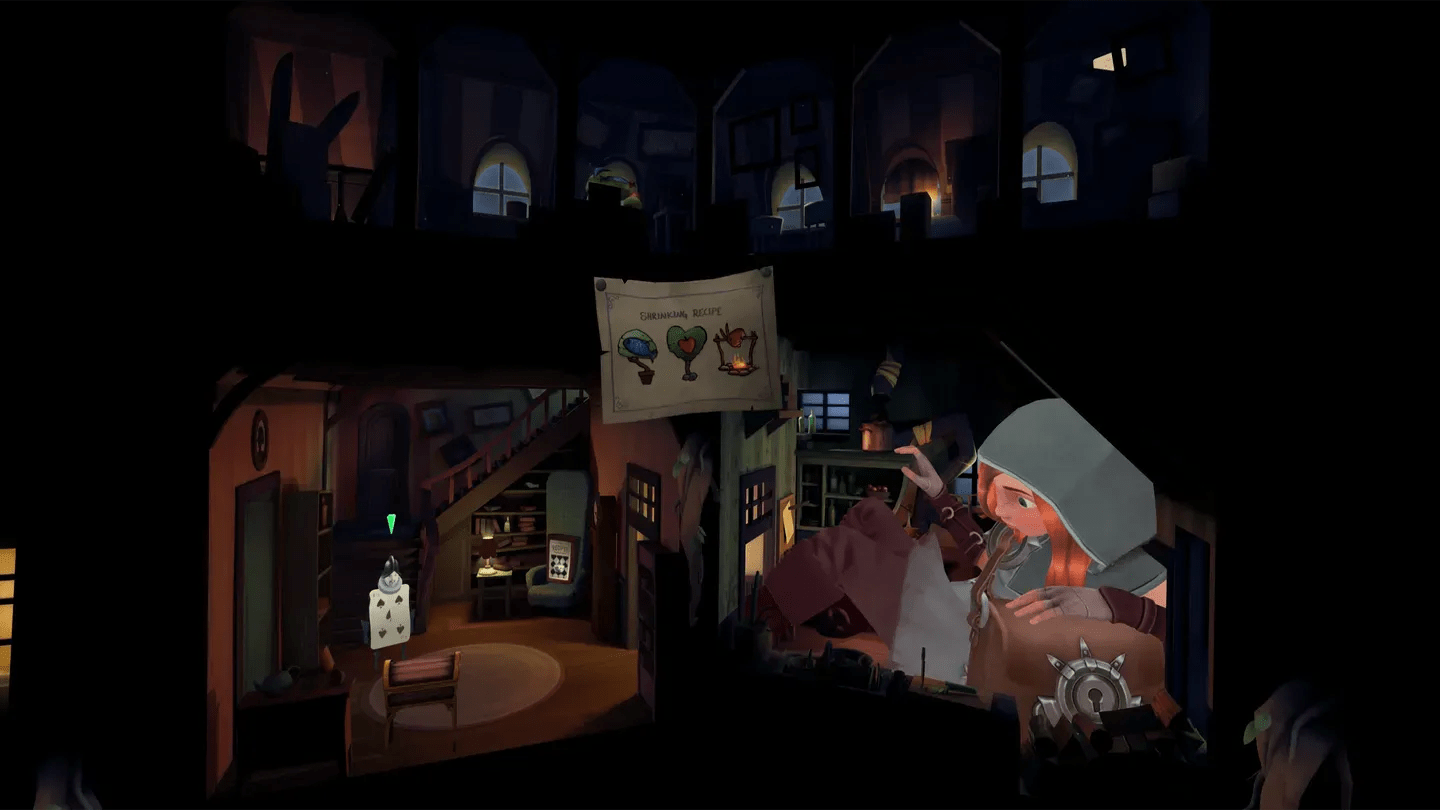 Down the Rabbit Hole Meta Quest storybook diorama room with characters and cards
