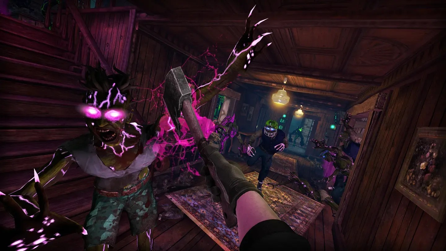 Drop Dead The Cabin Meta Quest interior zombie attack with player aiming a weapon