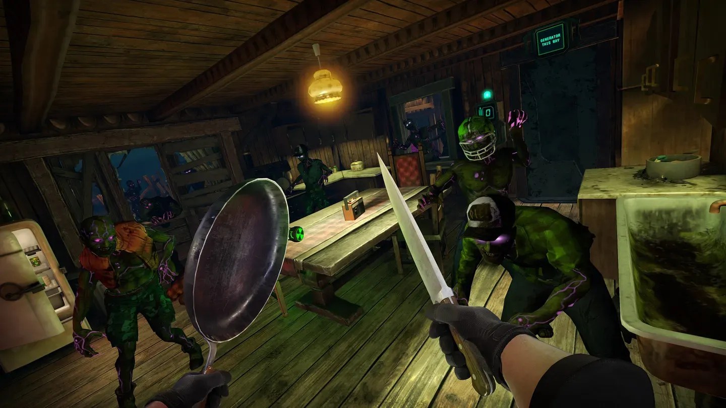 Drop Dead The Cabin Meta Quest co-op defense scene inside a wooden cabin