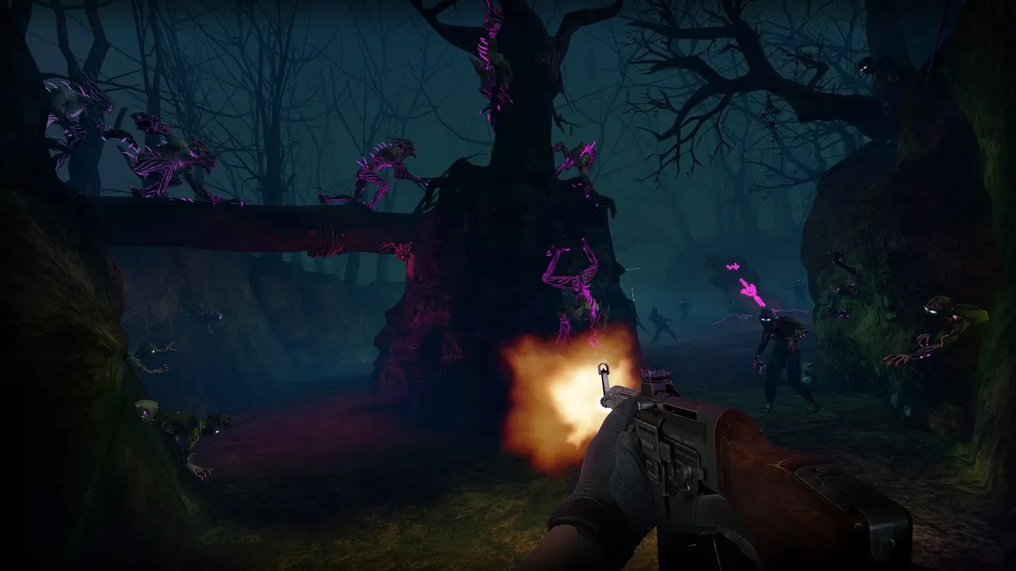 Drop Dead The Cabin Meta Quest nighttime forest firefight against zombies