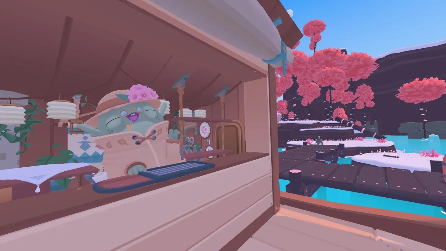Garden of the Sea Meta Quest cozy home interior overlooking pink trees and water