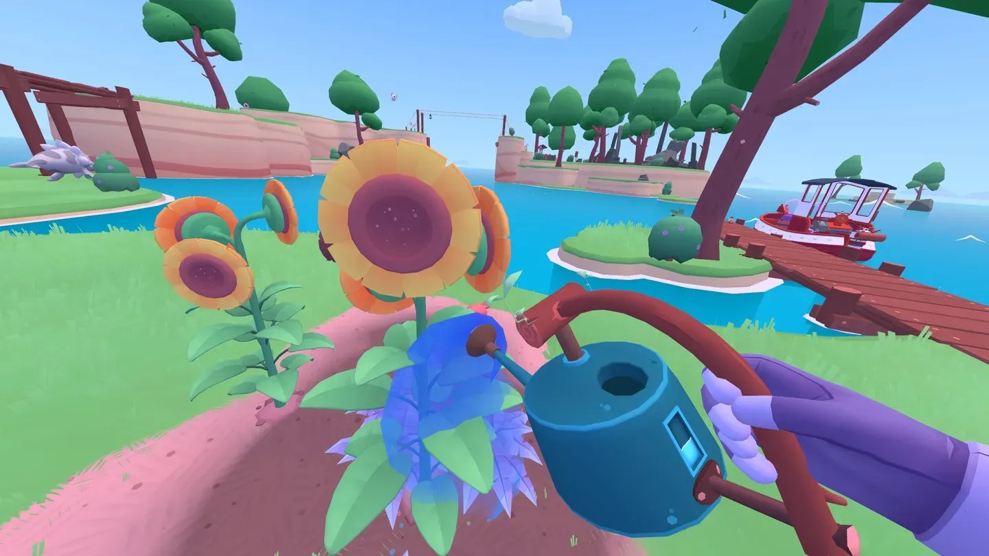 Garden of the Sea Meta Quest watering flowers in a bright island garden