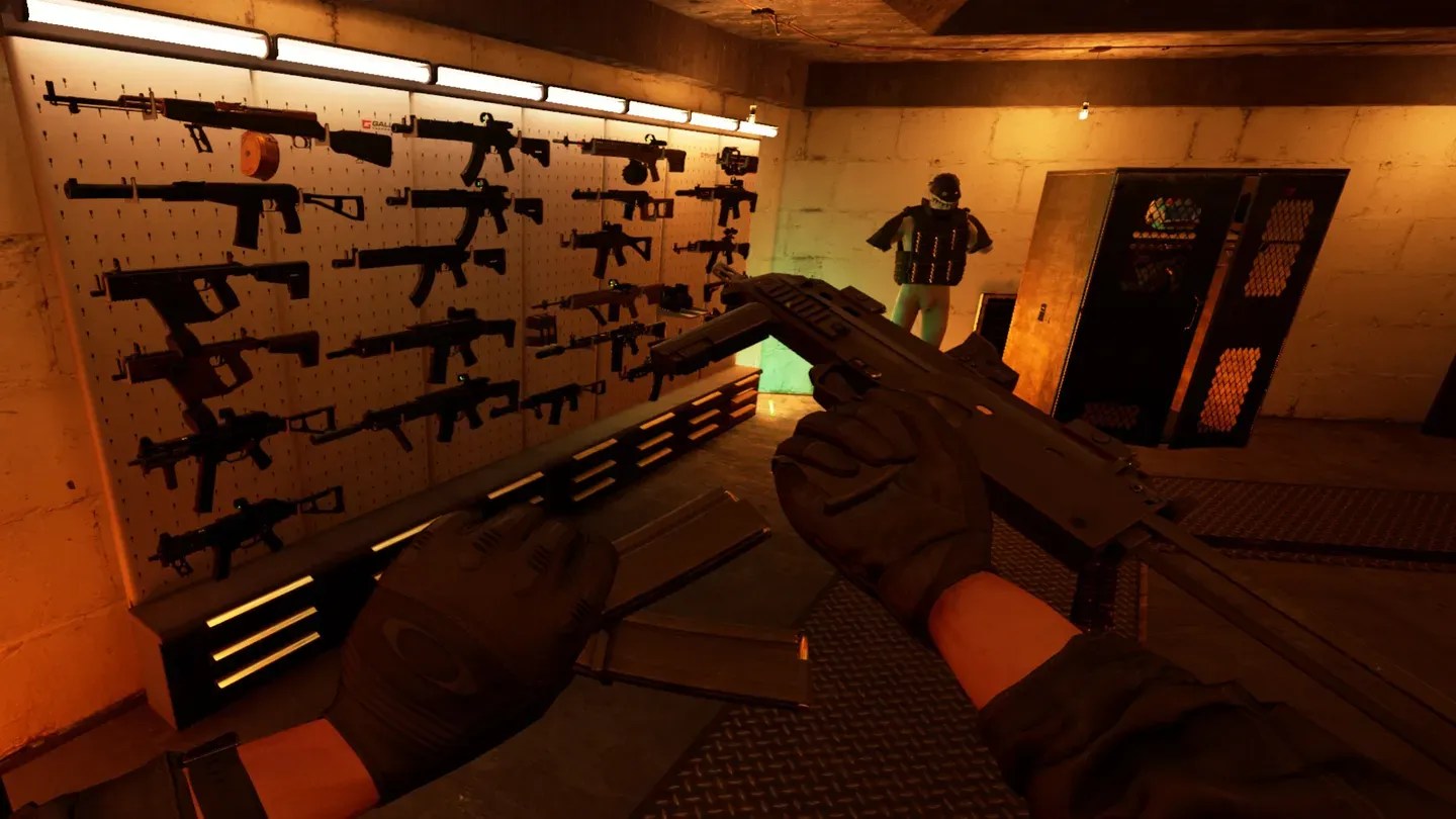 Ghosts of Tabor first-person armory scene with weapons on the wall