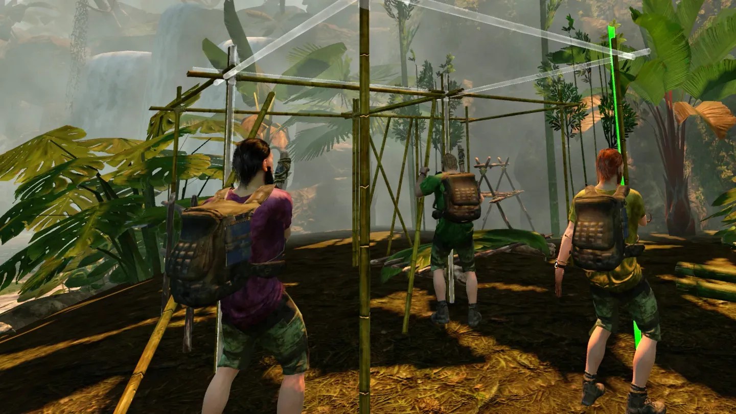 Green Hell VR Meta Quest players building a jungle shelter
