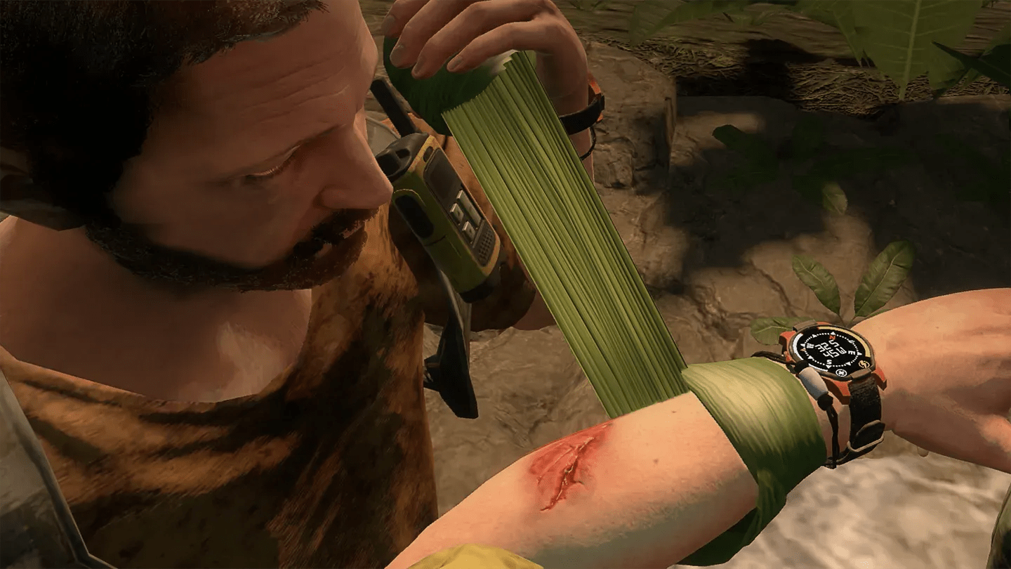 Green Hell VR Meta Quest player checking an arm injury and survival watch