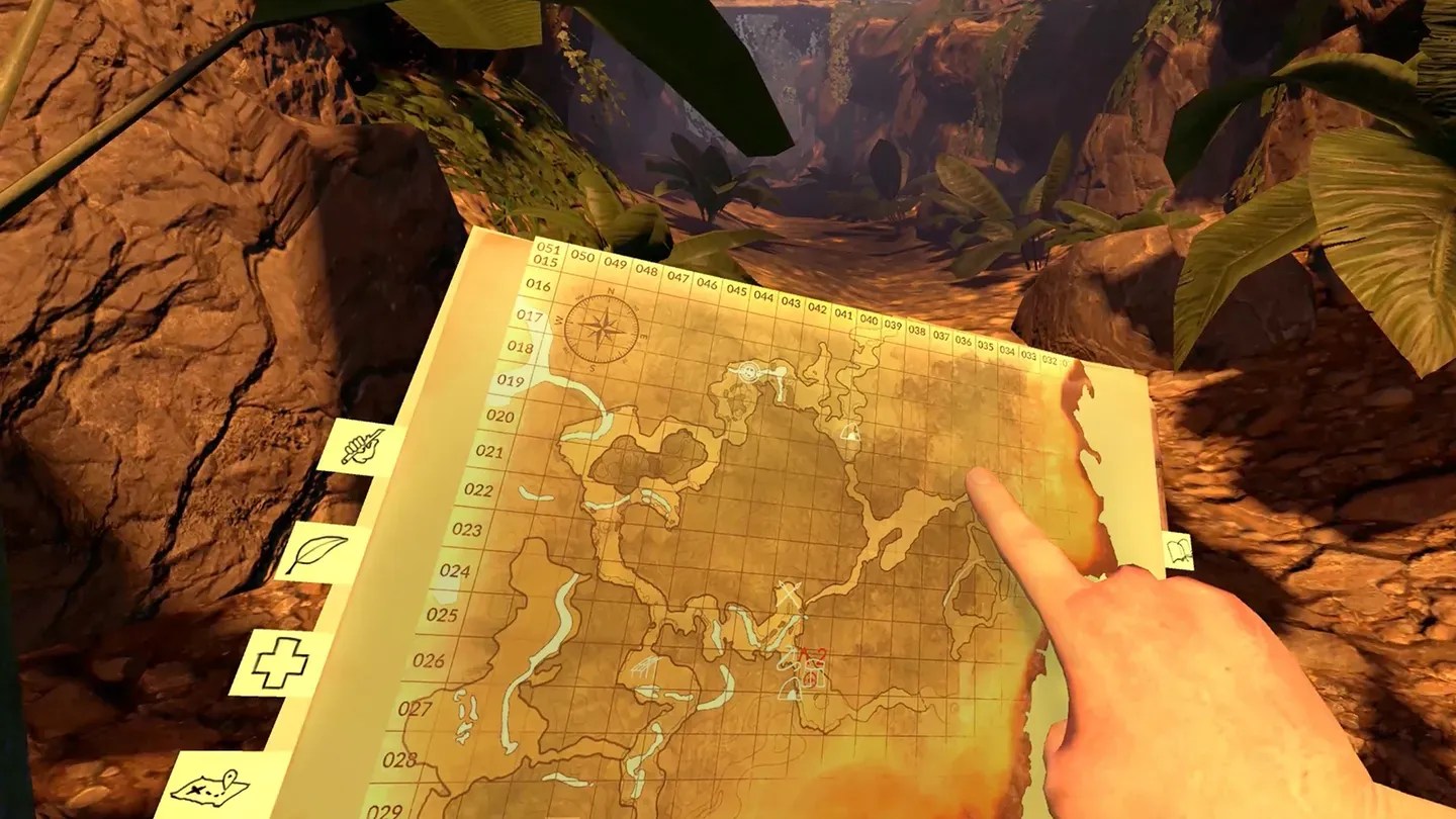 Green Hell VR Meta Quest player holding a map in the jungle