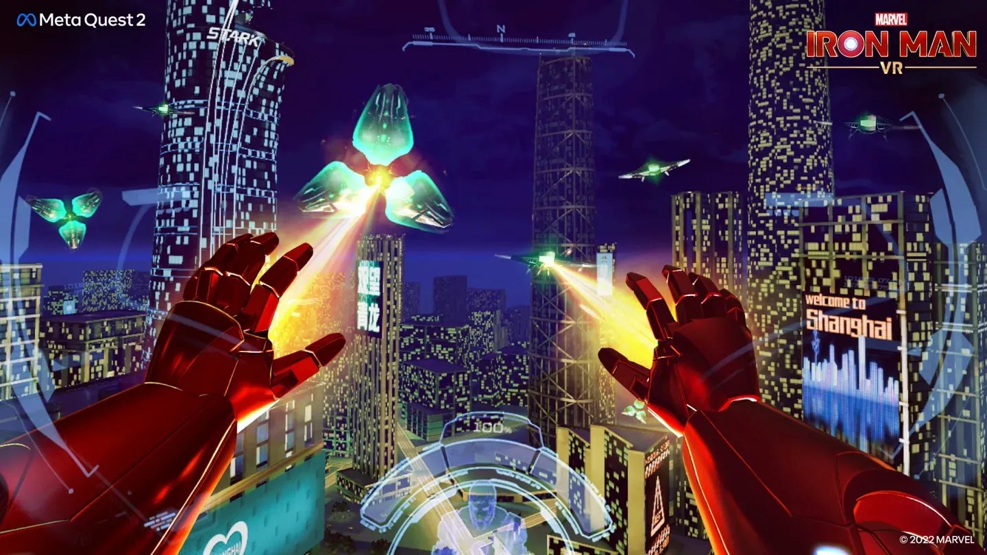Marvel's Iron Man VR Meta Quest city combat with Iron Man repulsors firing