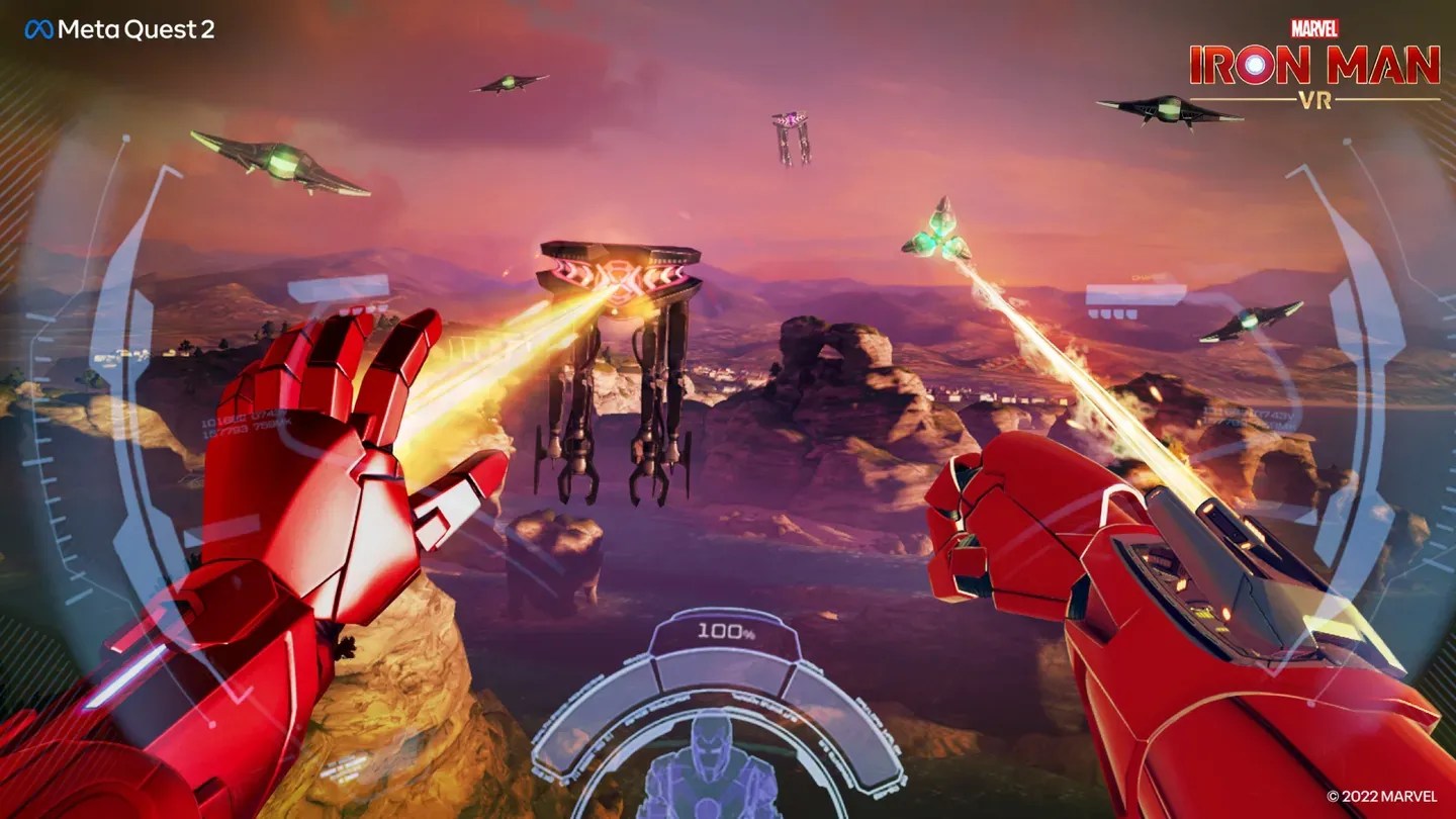Marvel's Iron Man VR Meta Quest first person repulsor combat against drones in the sky