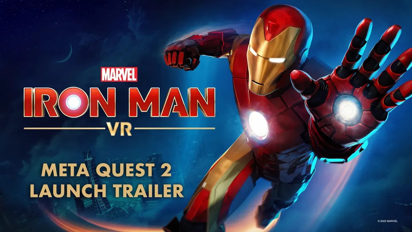 Marvel's Iron Man VR Meta Quest 2 launch key art with Iron Man flying toward the viewer