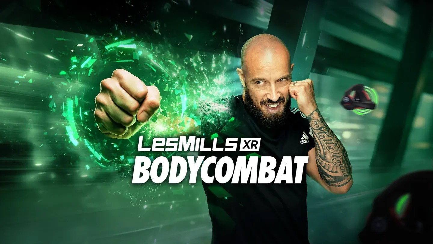 LES MILLS BODYCOMBAT Meta Quest coach punching forward with green energy key art