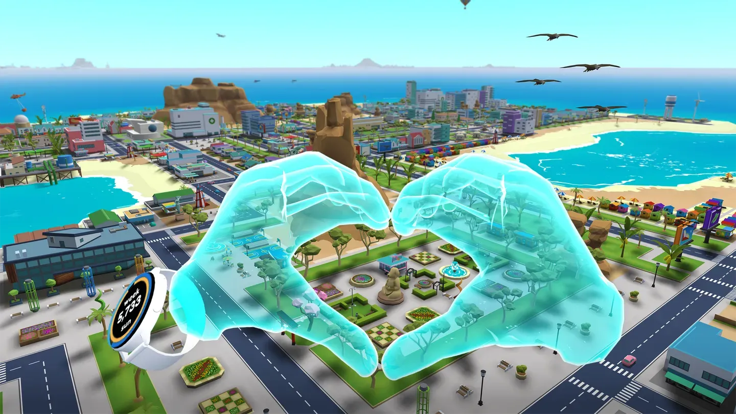 Little Cities Meta Quest island city overview with translucent hands