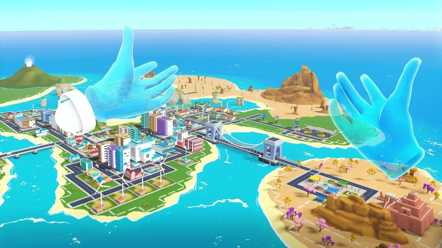 Little Cities Meta Quest desert island city with roads and buildings