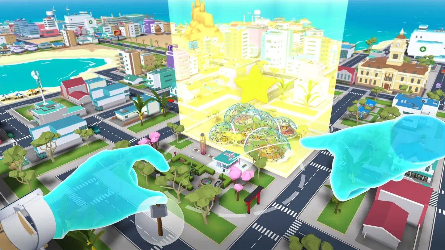 Little Cities Meta Quest hand tracking city building scene with glowing placement preview