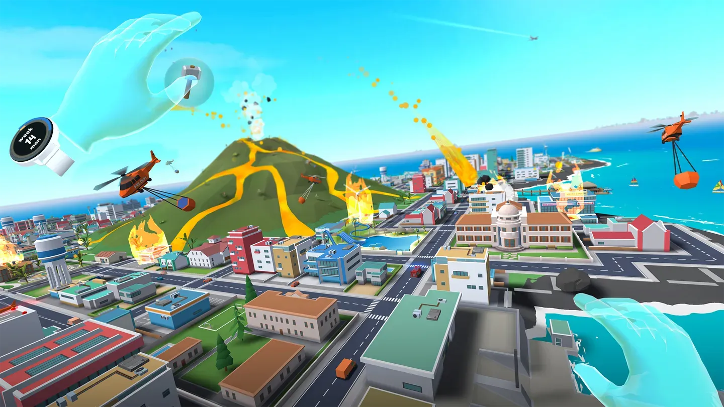 Little Cities Meta Quest island city with volcano and hand tracking view