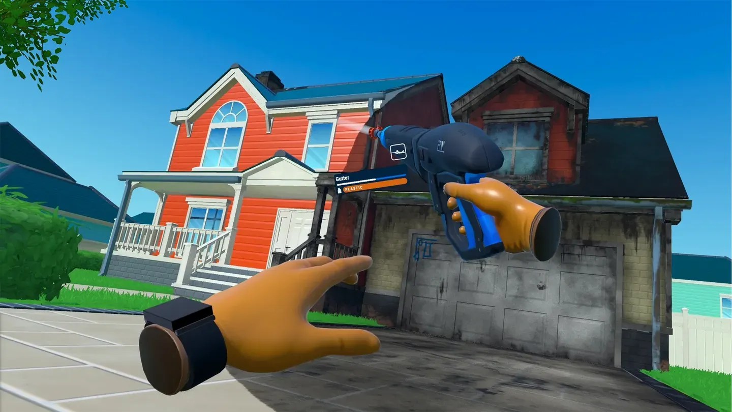 PowerWash Simulator VR Meta Quest cleaning a suburban wall outside a house