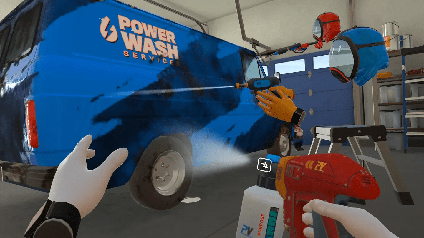 PowerWash Simulator VR Meta Quest gameplay washing a blue van with handheld tools