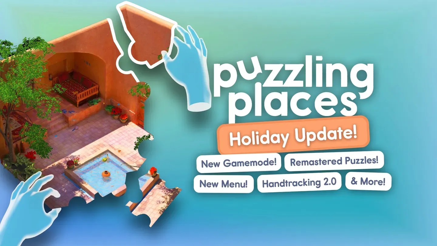 Puzzling Places Meta Quest holiday update card showing new puzzles and features