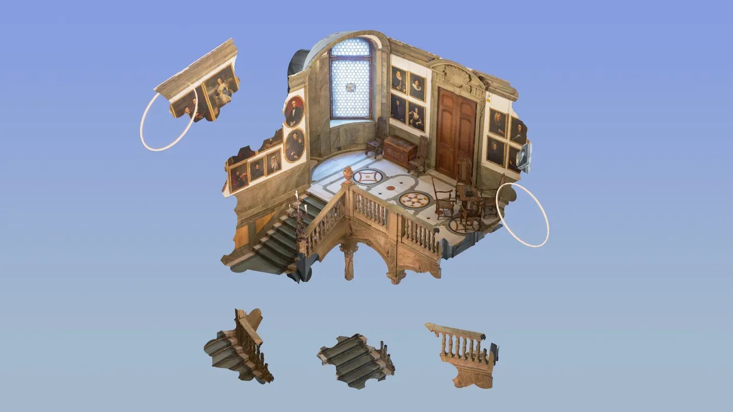 Puzzling Places Meta Quest 3D scanned house puzzle model with loose pieces