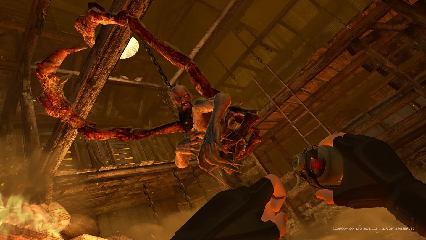 Resident Evil 4 VR action scene facing a large enemy from first person
