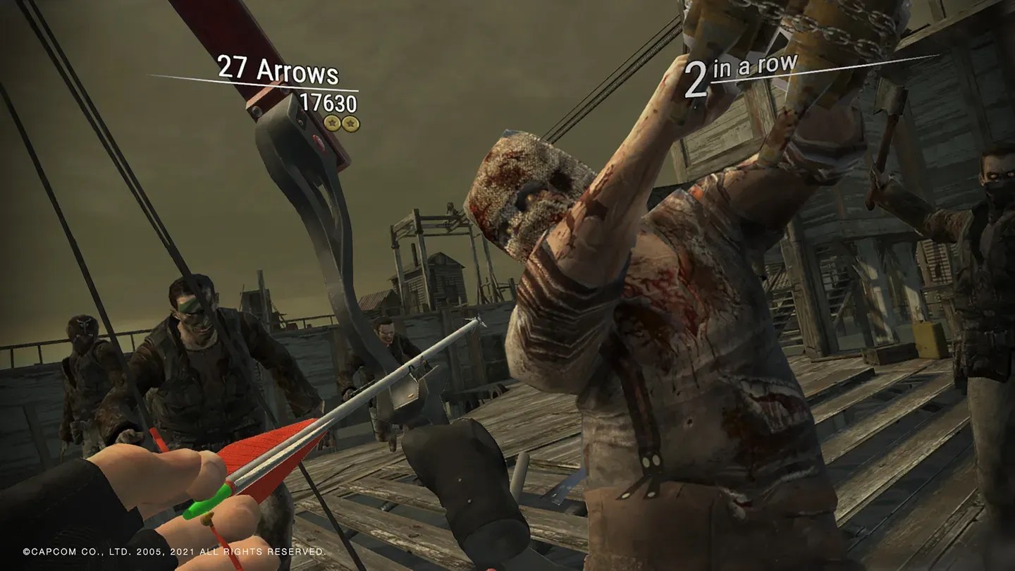 Resident Evil 4 VR first-person combat scene with enemies closing in