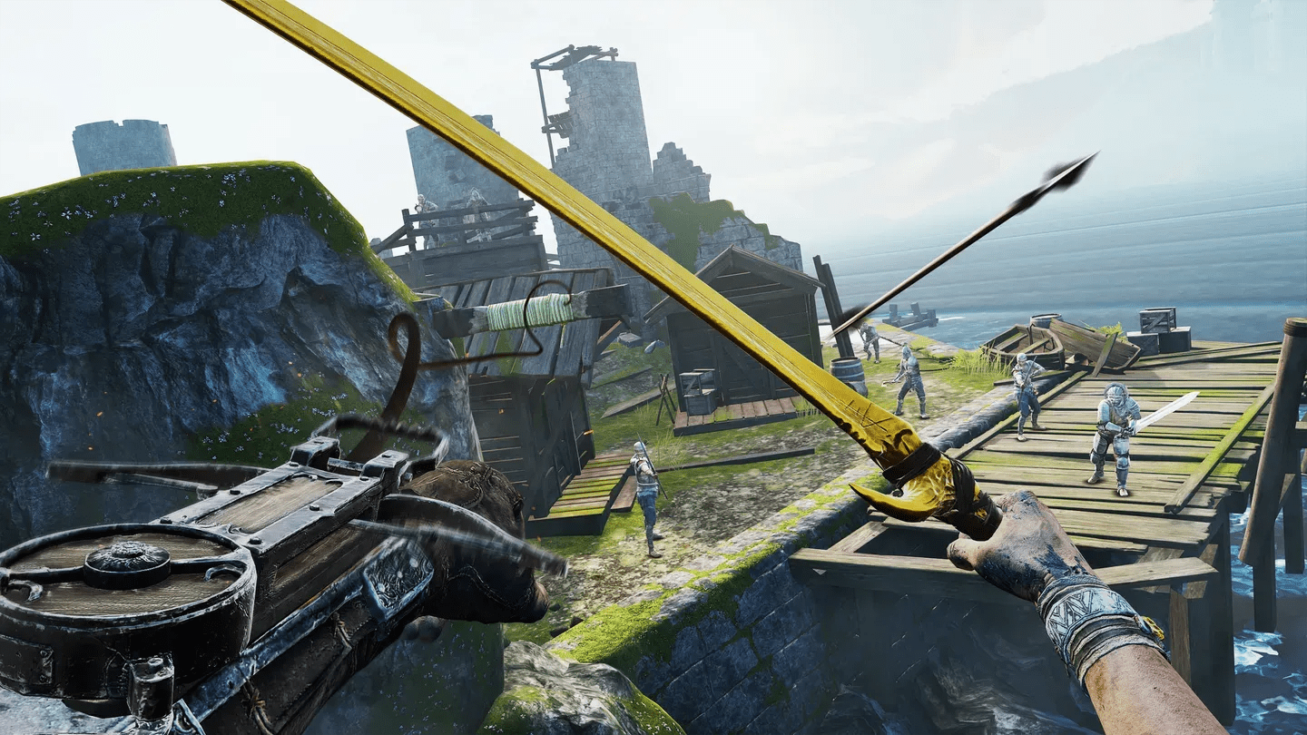 Skydance's BEHEMOTH Meta Quest first-person bow combat in an open fortress area