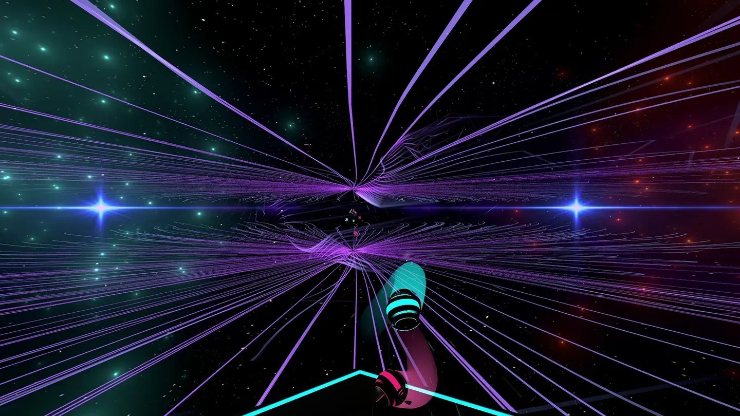 Synth Riders Meta Quest colorful laser tunnel rhythm gameplay