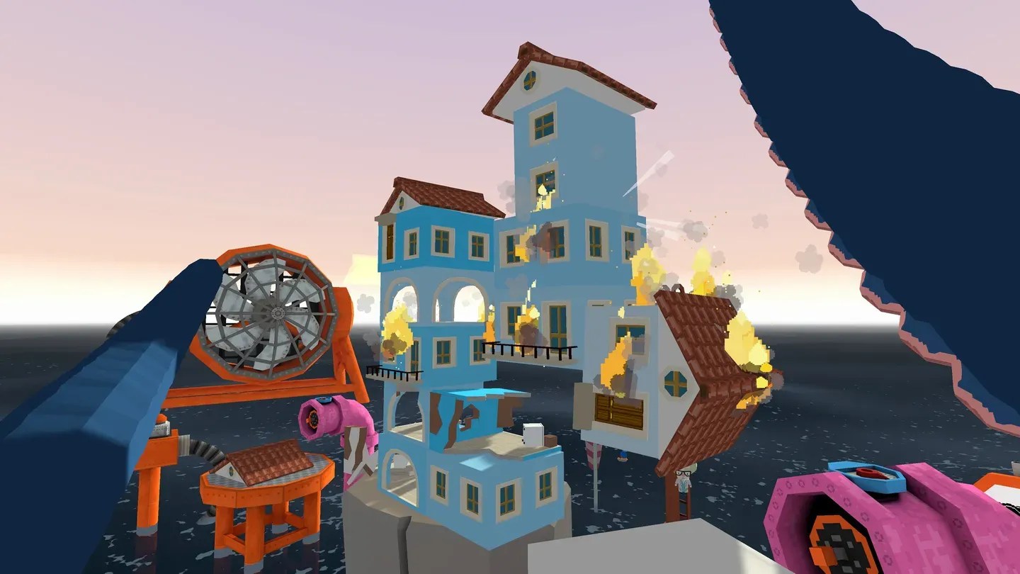 Tentacular Meta Quest island town with colorful buildings and giant tentacle nearby