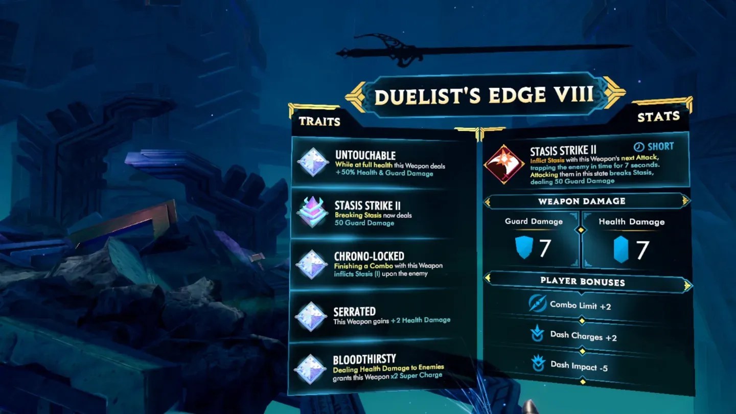 Until You Fall Meta Quest weapon upgrade stats screen