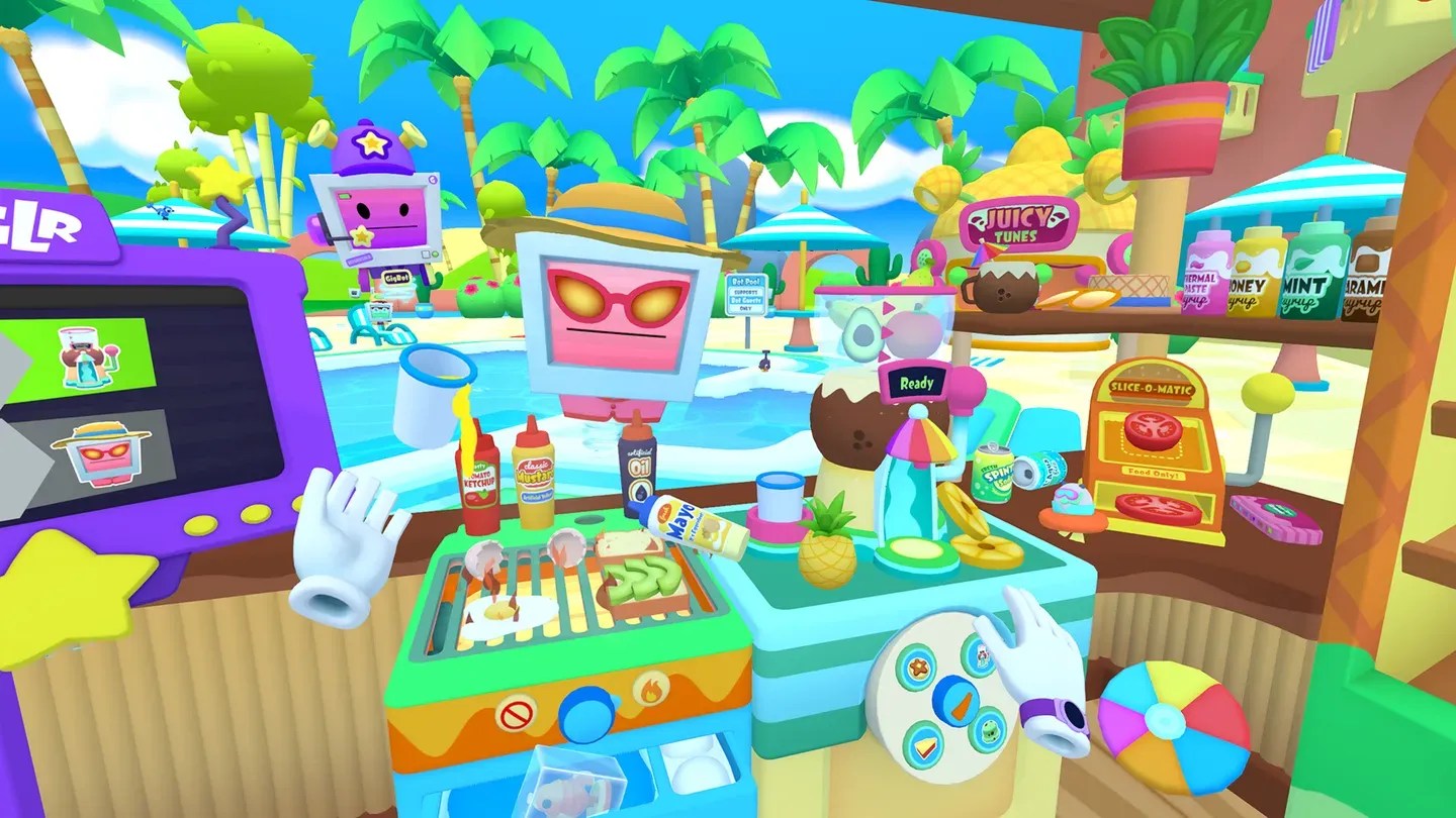 Vacation Simulator Meta Quest beach activity area with colorful bots and objects