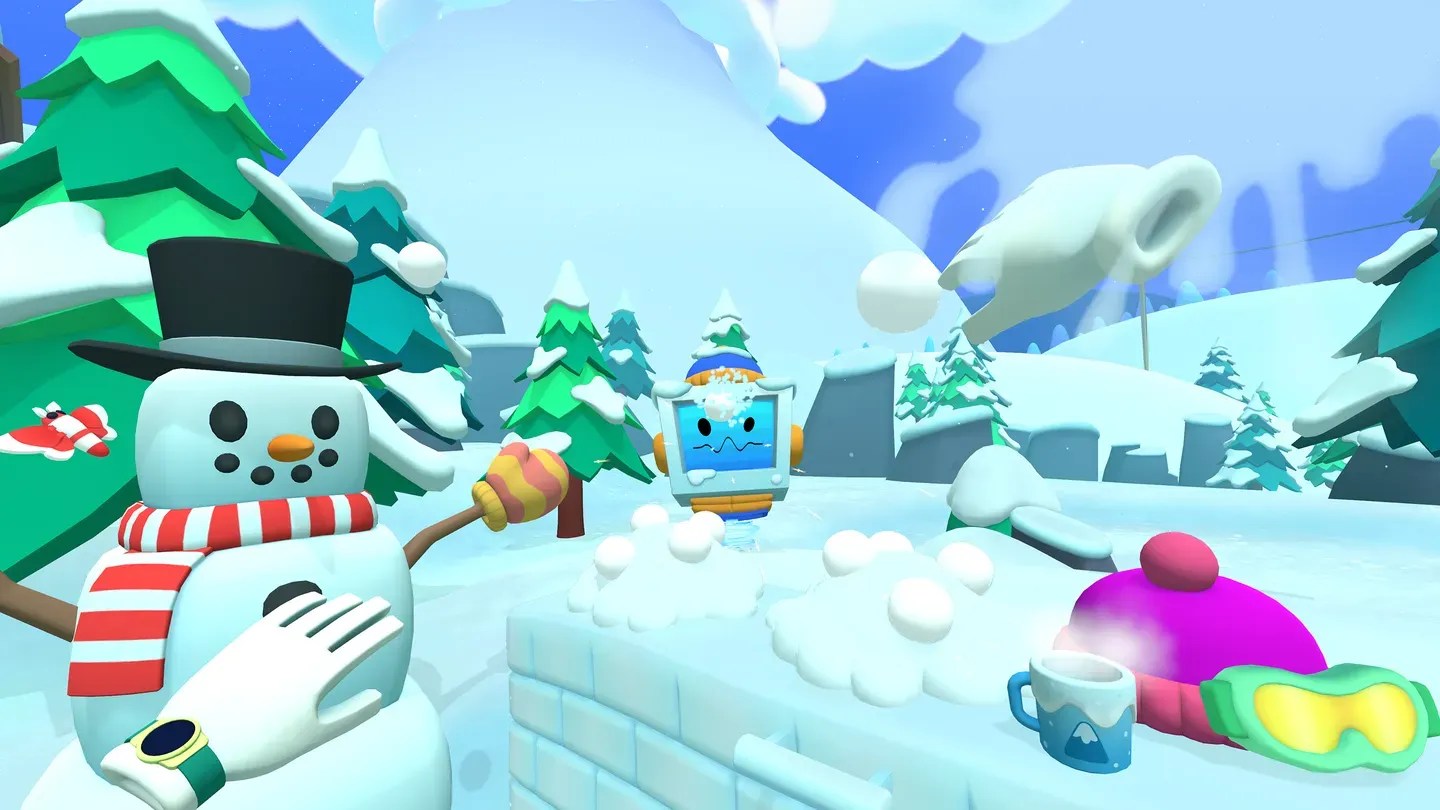 Vacation Simulator Meta Quest snowy mountain vacation zone with snowman and bots