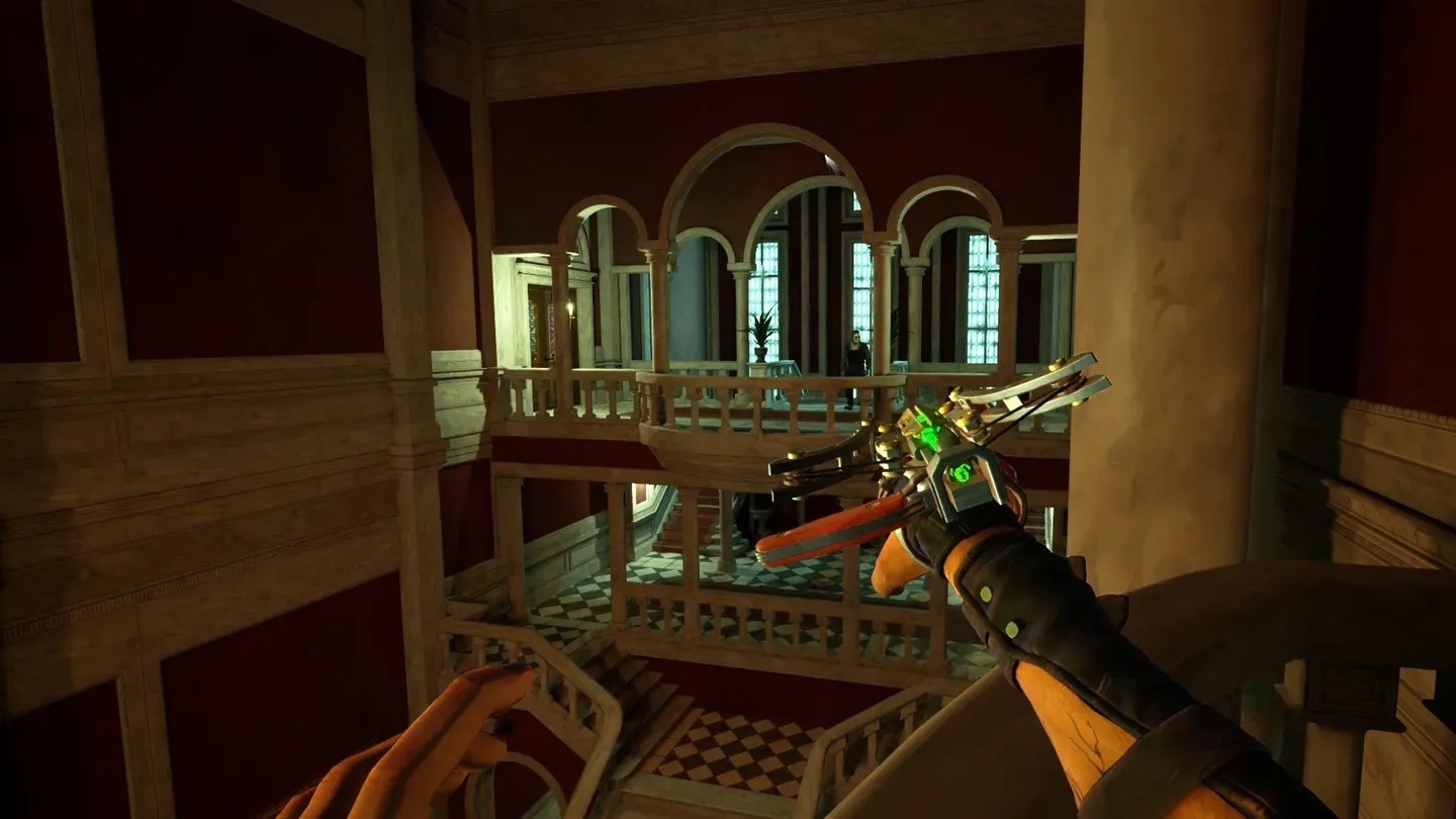 Vampire The Masquerade Justice Meta Quest crossbow aimed inside a grand interior